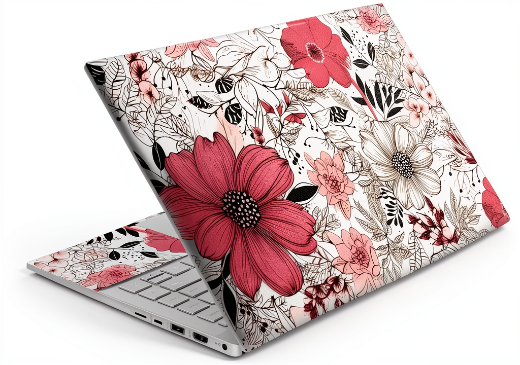 Installing Floral Laptop Skin by TracyArt Waterproof Silicone on a wooden desk