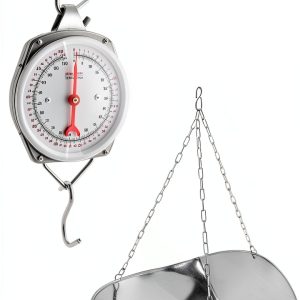 QWORK 110 lbs Large Display Spring Dial Weight Scale & Scale Scoop/Chain with Hanging Cradle, Steel Construction, for Shopping, Traveling, Kitchen, Silver-0