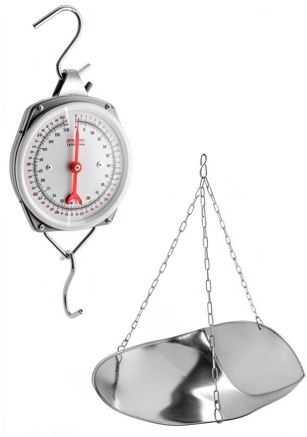 QWORK 110 lbs Large Display Spring Dial Weight Scale & Scale Scoop/Chain with Hanging Cradle, Steel Construction, for Shopping, Traveling, Kitchen, Silver-0